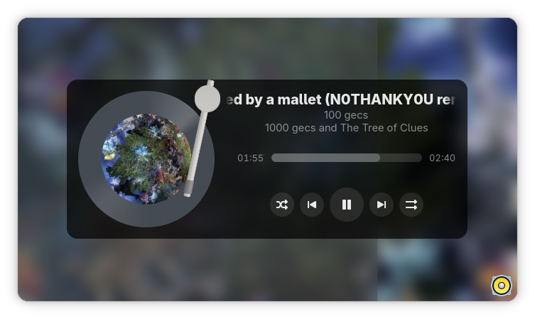 Screenshot of the Turntable app playing hand crushed by a mallet (N0thanky0u Remix) - 1000 gecs and The Tree of Clues by 100 gecs through GNOME Music