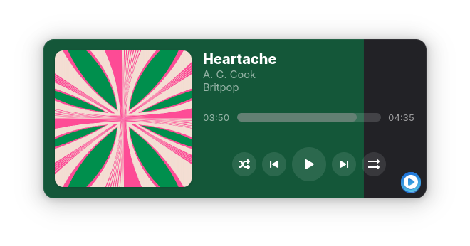 Screenshot of the Turntable app in your device's theme mode (it toggles between dark and light mode) playing Heartache - Britpop by AG Cook using Amberol